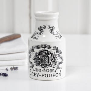 Vintage French 5.1" ironstone GREY-POUPON Dijon mustard jar, Moutarde pot with black lettering, Advertising pot, Farmhouse decor