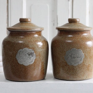 1 x Vintage French sandstone sugar & coffee container, glazed stoneware pottery, beige brown storage jars, gres crock pot, Farmhouse kitchen