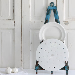 Vintage French Enamelware Pot Lid Rack, Rustic Blue Enamel Triangle ...