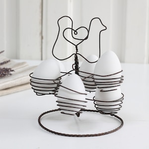 Vintage French rustic metal wire egg rack with rooster on top, fil de der metal egg holder, primitive egg rack, egg stand, Farmhouse decor