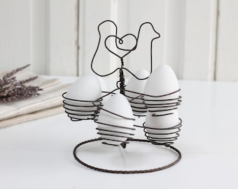 Vintage French rustic metal wire egg rack with rooster on top, fil de der metal egg holder, primitive egg rack, egg stand, Farmhouse decor