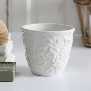 Vintage small Italian white ceramic planter with embossed design of twigs, leafs and flowers, flower pot, indoor pottery, home decor image 1