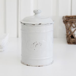 Antique French white enamel coffee canister with faded gold trim, large size enameled metal storage jar CAFE , Farmhouse kitchen decor
