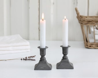 Pair of 2 Vintage primitive pewter candles holders, gray pewter candlesticks for single tapered candle, Farmhouse country style decor