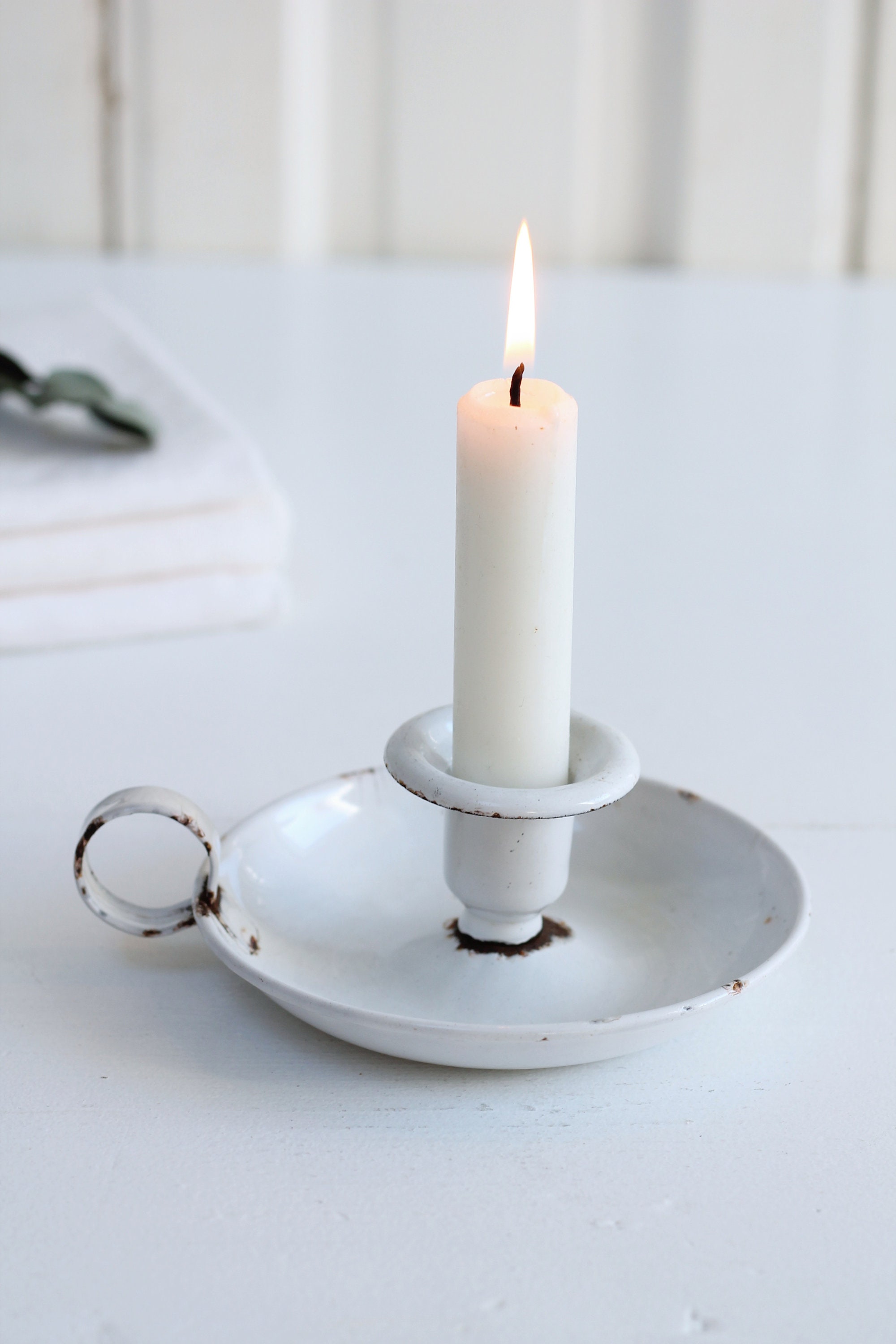 Antique White Enamel Chamberstick, Rusty French Farmhouse Candle