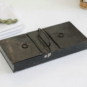 Antique chippy black toleware money box, metal cash box, strongbox, money safe, treasure chest, painters box, Industrial shelf decor