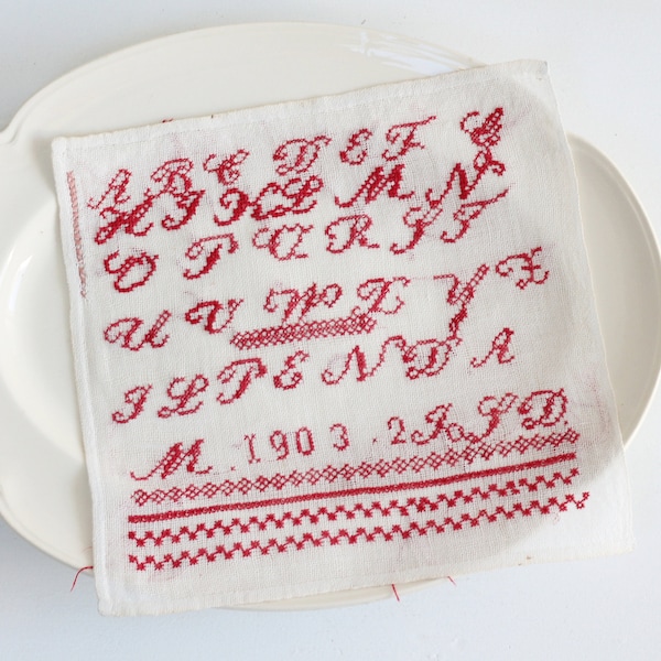 Antique 1903 Dutch Victorian redwork sampler, art nouveau alphabet cross-stitch, red and white needlepoint embroidery - Farmhouse home decor