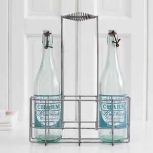Antique French metal wire bottle rack for three bottles, old zinc bottle carrier with detailed handle,  wine bearer, Farmhouse kitchen decor