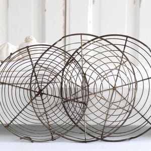May include: Three antique, circular wire cooling racks with a rustic, aged appearance. The racks are made of dark metal and are arranged in a slightly overlapping pattern. White garlic bulbs and folded white towels are in the background.