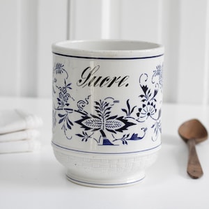 Antique French ironstone blue fluted Sucre jar, blue & white kitchen flower canister, Royal Copenhagen blue onion pattern, Farmhosue decor