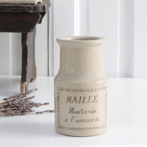 Vintage French beige Maille mustard jar, French pottery with gray lettering, small glazed stoneware crock advertising pot, Farmhouse decor