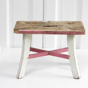 Antique French white and pink handmade wooden footstool, small farm stool, rustic foot rest,primitive stepping stool