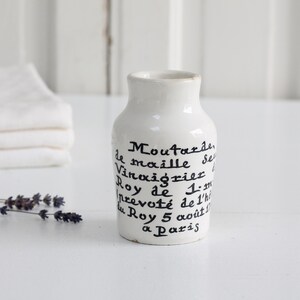 Mostacero vintage francés de loza Moutarde de Maille con letras negras, pequeño tarro publicitario de cerámica, decoración rústica