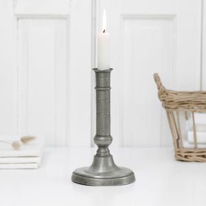 Antique pewter candle holder, vintage primitive rustic gray candlestick for single tapered candle, Farmhouse country decor
