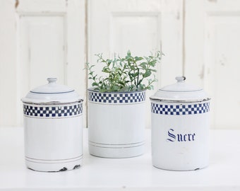 Set of 3 Antique French white enamel canisters w cobalt blue checkered rim, enameled jar Sucre, Farmhouse kitchen decor, See Items Details