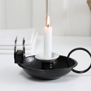 Rare Antique large black metal chamberstick with porcelain insert candle holder, French Farmhouse decor