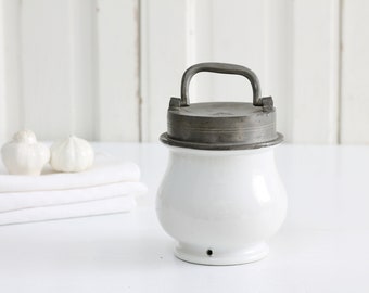 Antiguo frasco de caldo de porcelana blanca francesa con tapa de peltre, Pot de Bouillon, Pot de sopa Sustenteur, Jar de boticario médico, portador de sopa