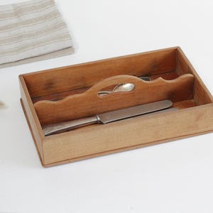 Vintage hand made wooden cutlery tray, primitive utensil storage caddy, rustic divided box with shaped handle, Farmhouse country decor