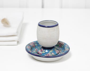 Antiker französischer Weiß-Blau-Porzellan-Match-Stürmer mit Emaille-Blumenmuster, Pyrogen mit Blumen, Café-Match-Halter, Bistro-Barware