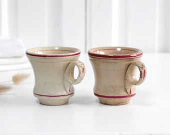 Set of 2 Antique French stained ironstone brulot coffee cup with duck shape handle, cranberry red details, bistro brûlot mug