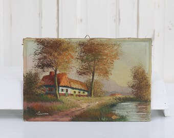 Antique oil on canvas painting, landscape scenery of farmhouse and trees along a country road trackway w pond - Farmhouse country home decor