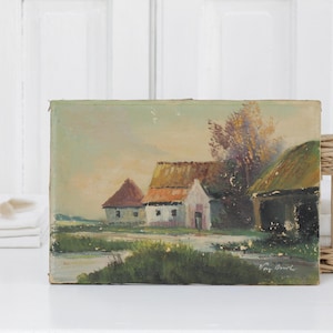 Vintage Belgian oil painting on canvas, small primitive landscape scenery of farmhouse by the water, rustic wall art, French Farmhouse decor