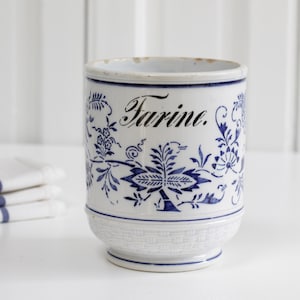 Antique French ironstone blue fluted Farine jar, blue & white kitchen flower canister, Royal Copenhagen blue onion pattern, Farmhosue decor