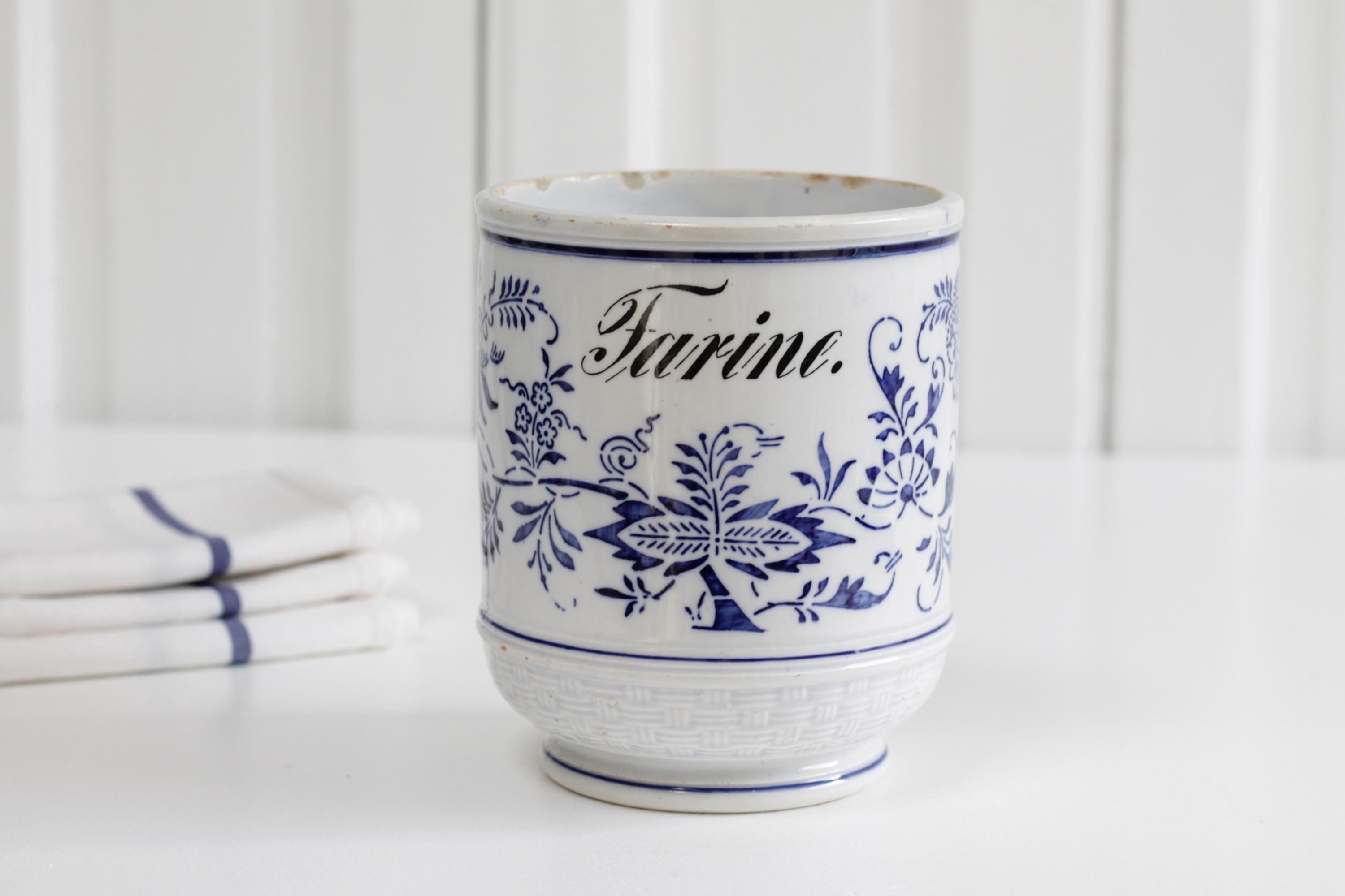 Antique French ironstone blue fluted Farine jar, blue & white kitchen flower canister, Royal Copenhagen blue onion pattern, Farmhosue decor