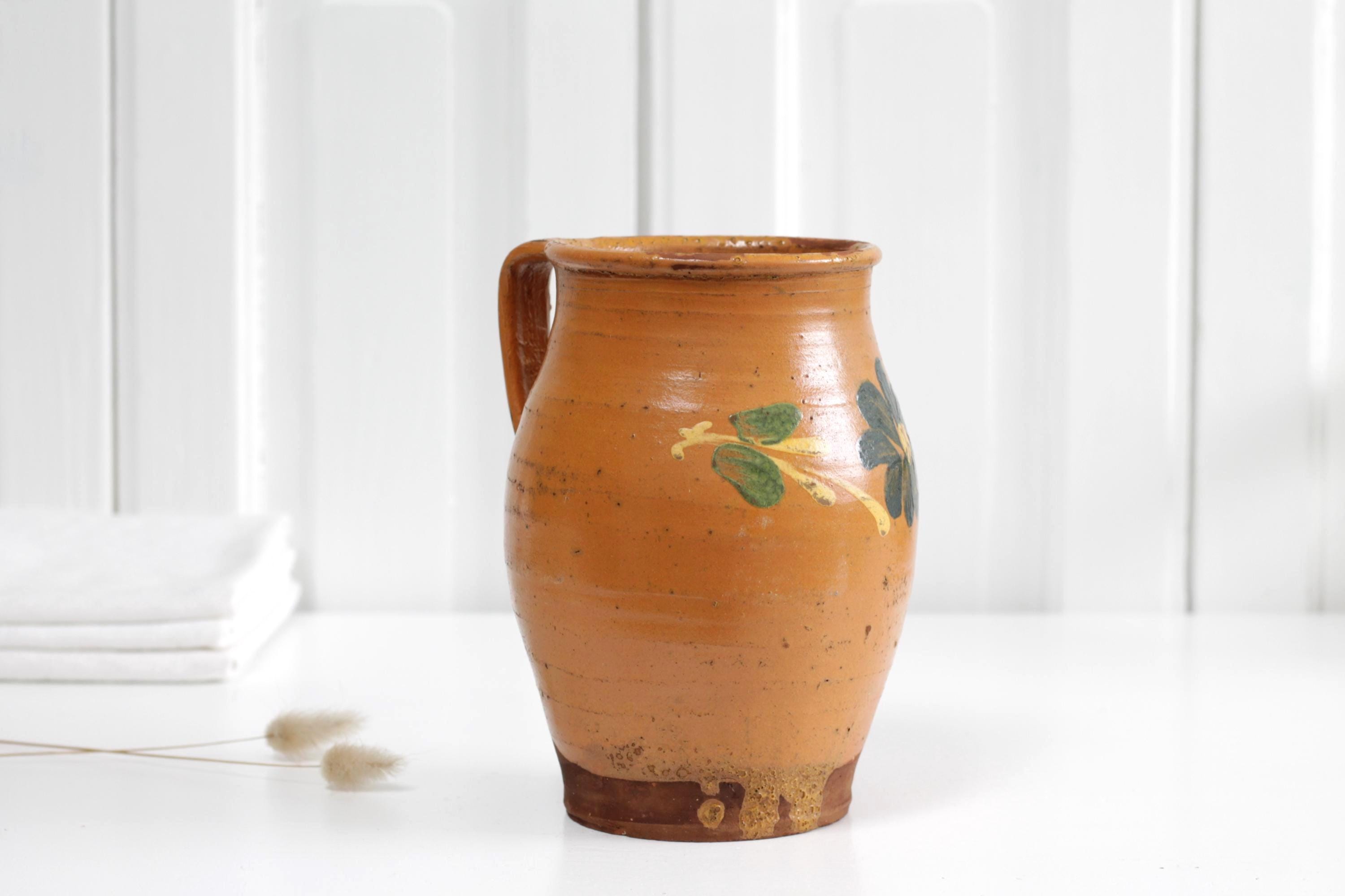Antique French Traditional Hand Made Pottery Vase With Single Handle, Confit Vessel Painted Floral Motif, Provincial Folk Art