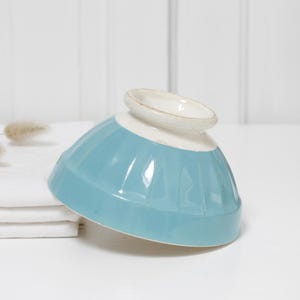 1800s Antique French ironstone cafe au lait bowl with aqua blue tone by Digoin & Sarreguemines, footed coffee bowl, French Farmhouse decor