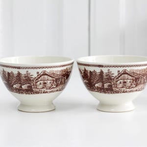 Pair of 2 - Vintage ironstone small cafe au lait bowls, brown transfer decor Alpes by Boch Freres Belgium