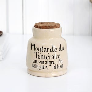 Stary francuski pojemnik reklamowy firmy Moutarde Brune de Dijon, kremowy kamionkowy słoik na musztardę, ceramiczny pojemnik do przechowywania z czarnym napisem