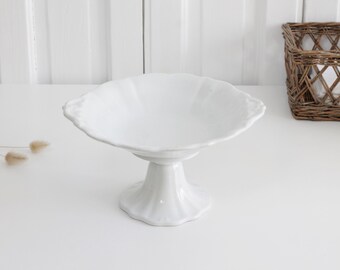 1894 Antique Dutch white ironstone footed compote fruit bowl, stoneware cake stand, pedestal serving dish, compotier, Farmhouse decor gift