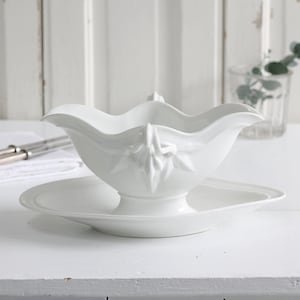 LARGE 1800s antique white porcelain gravy boat, French saucière w fixed dish, leaf claw foot sauce bowl, French Provincial kitchen decor