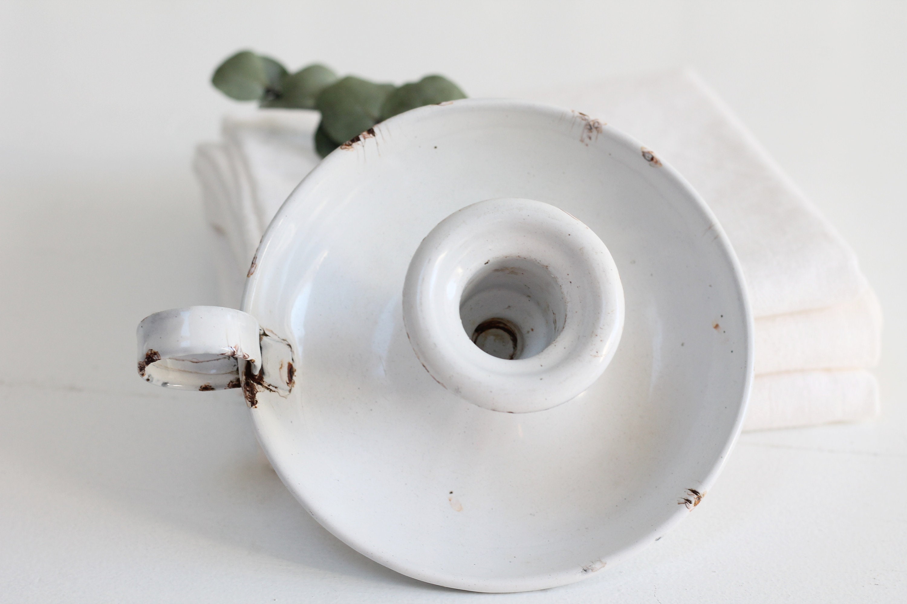 Antique White Enamel Chamberstick, Rusty French Farmhouse Candle