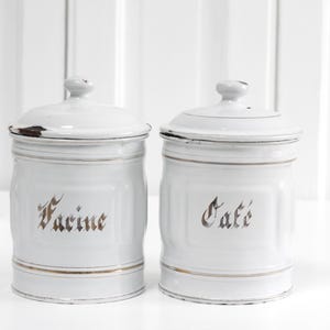 Set of 2 - Antique French white enamel canisters with faded gold details, enameled lidded jar Café and Farine, French Farmhouse decor