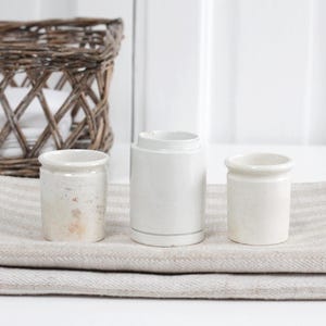 Set of 3 Antique small ironstone ointment jars, stoneware pharmacy pots, vintage chemist containers, toothpick holder, Nimy Belgium