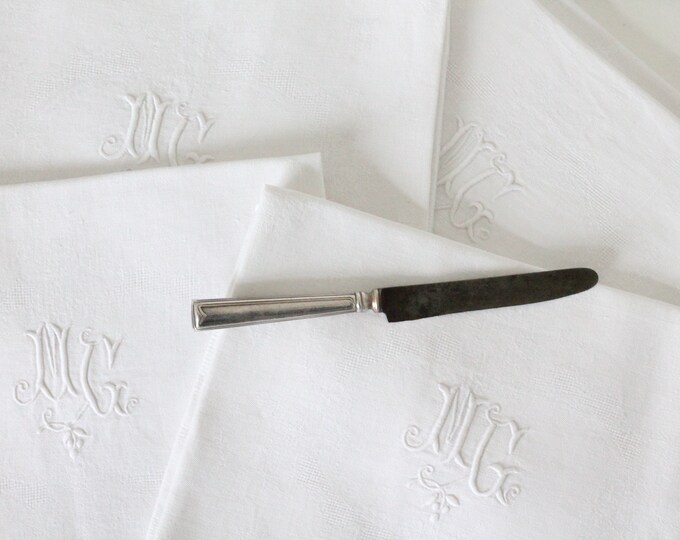 6 X 1800s Antique French Large Linen Damask Monogrammed Dinner Napkins