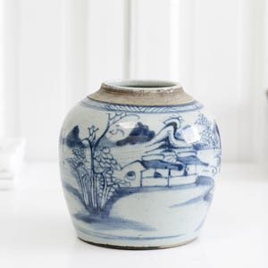 Antique 19th century LARGE Chinese glazed ginger jar with blue decor, stoneware Asian pottery vase, Oriental salt glaze spice jar