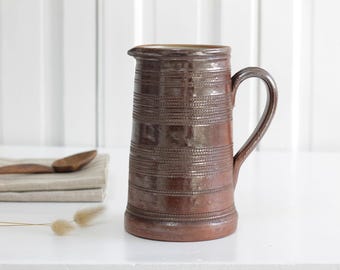 Vintage French large stoneware pitcher, old handmade brown salt glaze wine water jug, French gres carafe or vase, Primitive kitchen decor