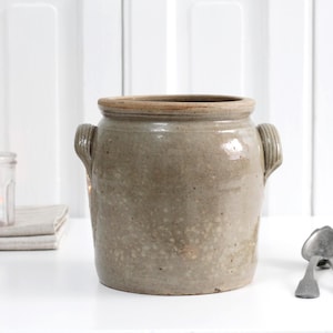 Vintage French large beige salt glaze crock handles, old handmade stoneware jar, gres confit pot, French Provincial kitchen decor
