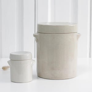 Puede incluir: Dos tarros de cerámica blanquecina con tapas. El tarro más grande tiene dos asas pequeñas. Los tarros están sobre una superficie blanca con un fondo blanco. Los tarros son probablemente para el almacenamiento de la cocina.