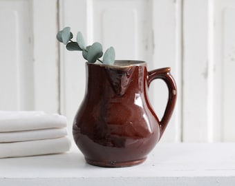 Vintage French brown stoneware syrup jug, small glazed ceramic pitcher jug with handle on side, sandstone jug, French ceramics pottery