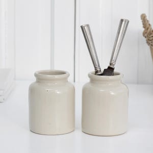 Set of 2 - Vintage French beige glazed stoneware pot, pottery container, old mustard jar, French gres confit pot, Farmhouse home decor