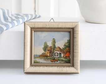Vintage original miniature oil painting on panel of farmhouse, small dollhouse painting in frame, French Farmhouse decor
