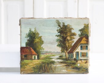 Vintage Belgian oil painting of farmhouse scenery, landscape oil on canvas, farmhouse along river, chickens in garden, Farmhouse wall decor