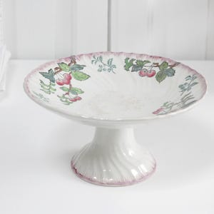 Antique LONGWY French ironstone footed compote fruit bowl with cherry branches decor, stoneware cake stand, pedestal serving dish, compotier