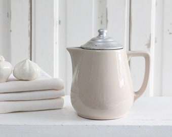 Vintage French small ceramic jug with aluminum lid, small glazed stoneware pitcher, sandstone jug, French ceramics pottery - Farmhouse decor