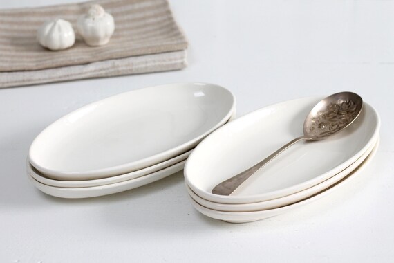 Set of 6 - Vintage Dutch white ironstone oval celery dishes, serving platter creamware, relish dish by Petrus Regout Maastricht