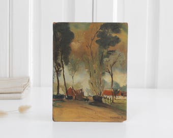Antique moody oil painting on wood, fall country scene with farmhouses and tall trees, cottage style wall art, Old World decor